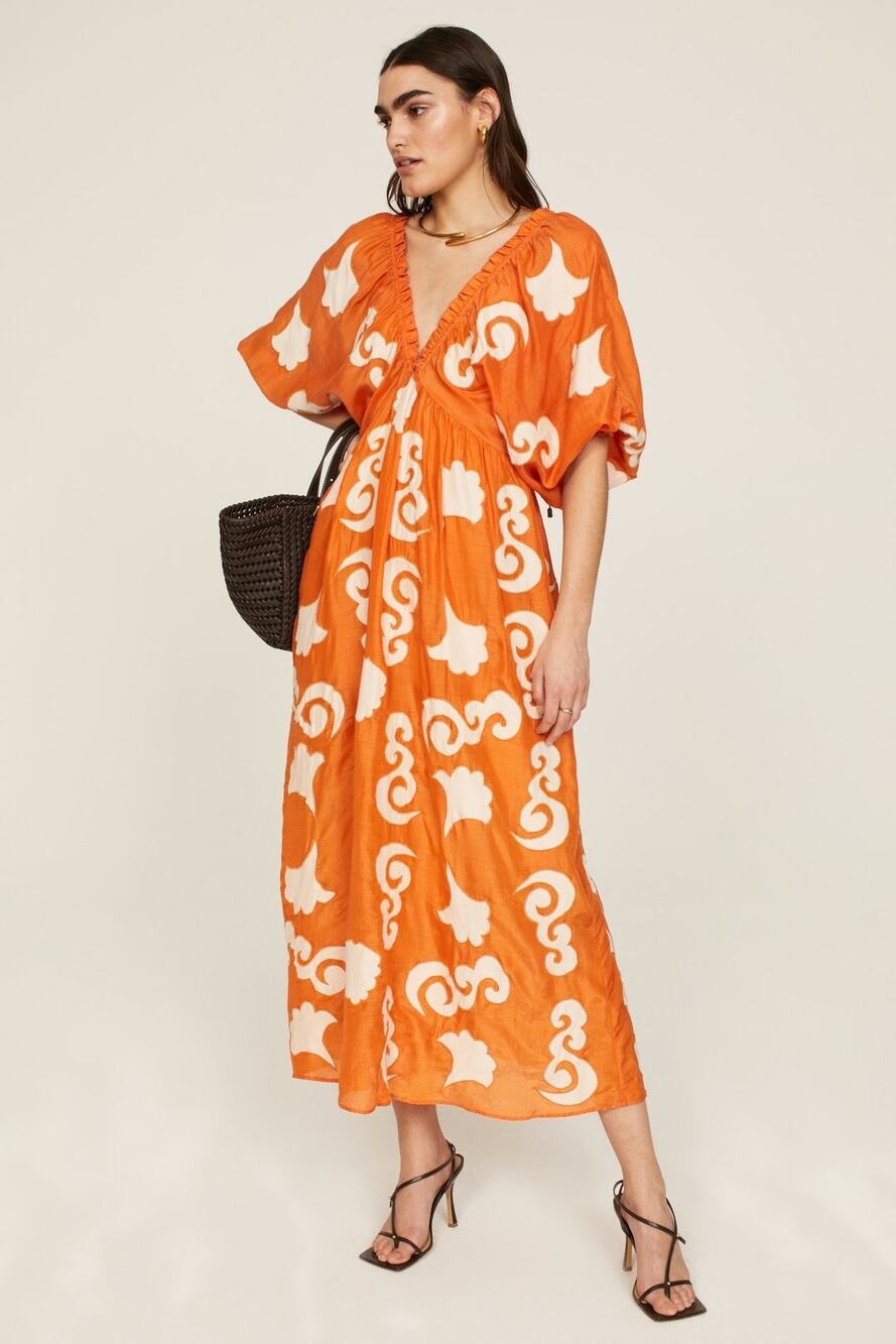CHUFY Orange White Design Cupro Blend 3/4 Sleeves Lucia Maxi Dress Size Medium